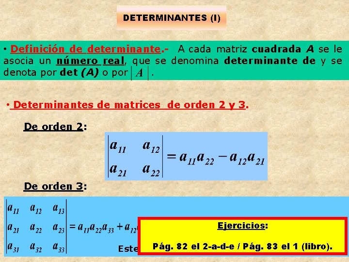 DETERMINANTES (I) • Definición de determinante. - A cada matriz cuadrada A se le
