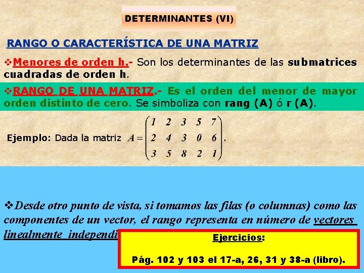 DETERMINANTES (VI) RANGO O CARACTERÍSTICA DE UNA MATRIZ v. Menores de orden h. -