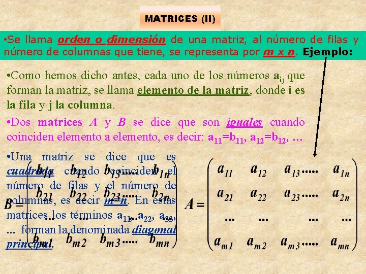 MATRICES (II) • Se llama orden o dimensión de una matriz, al número de