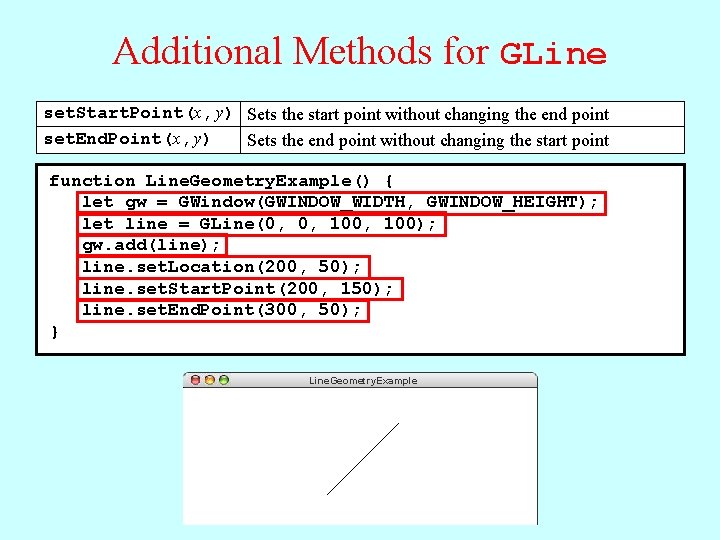 Additional Methods for GLine set. Start. Point(x, y) Sets the start point without changing