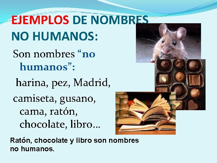 EJEMPLOS DE NOMBRES NO HUMANOS: Son nombres “no humanos”: harina, pez, Madrid, camiseta, gusano,