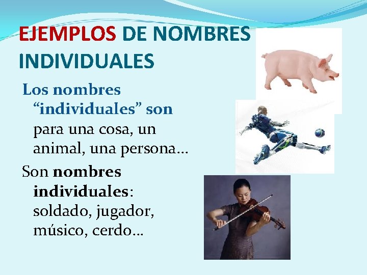 EJEMPLOS DE NOMBRES INDIVIDUALES Los nombres “individuales” son para una cosa, un animal, una