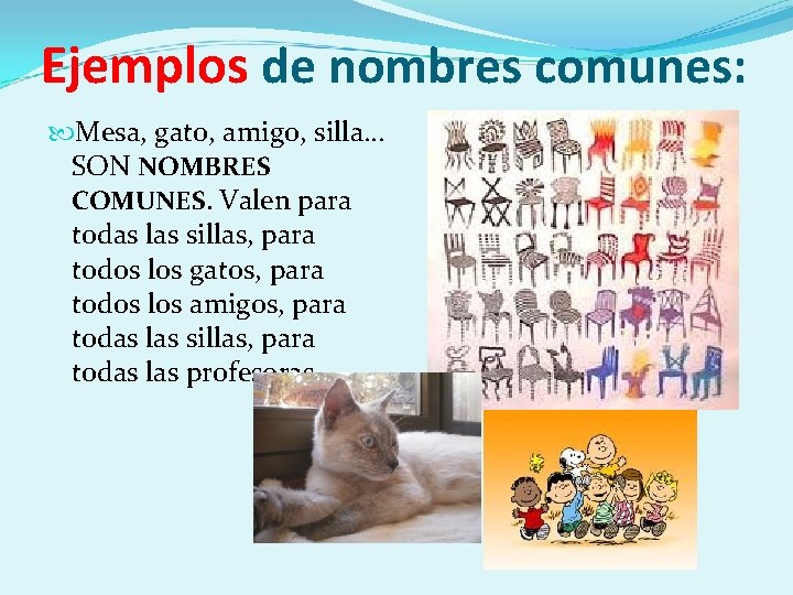 Ejemplos de nombres comunes: Mesa, gato, amigo, silla… SON NOMBRES COMUNES. Valen para todas