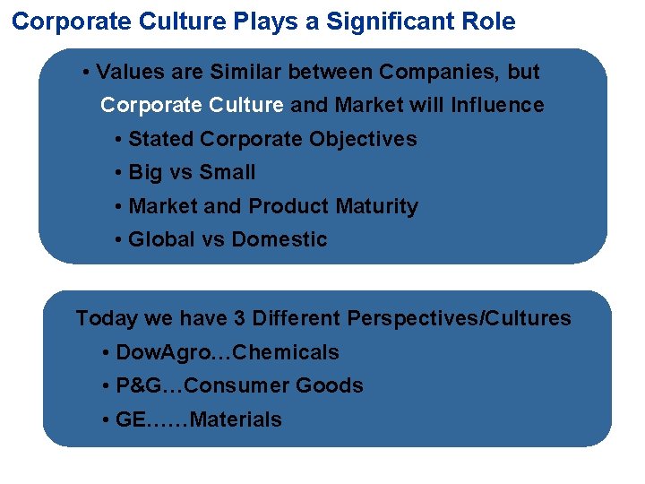 Corporate Culture Plays a Significant Role • Values are Similar between Companies, but Corporate