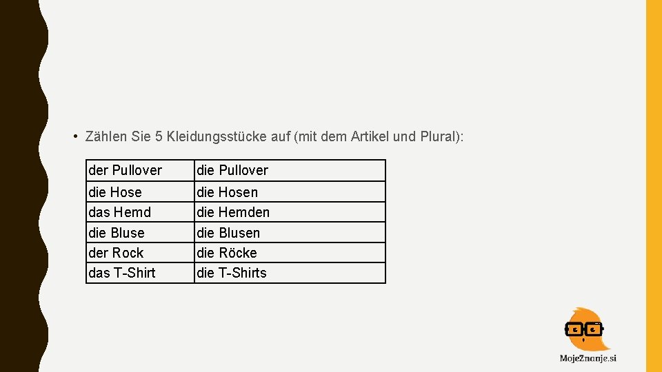  • Zählen Sie 5 Kleidungsstücke auf (mit dem Artikel und Plural): der Pullover
