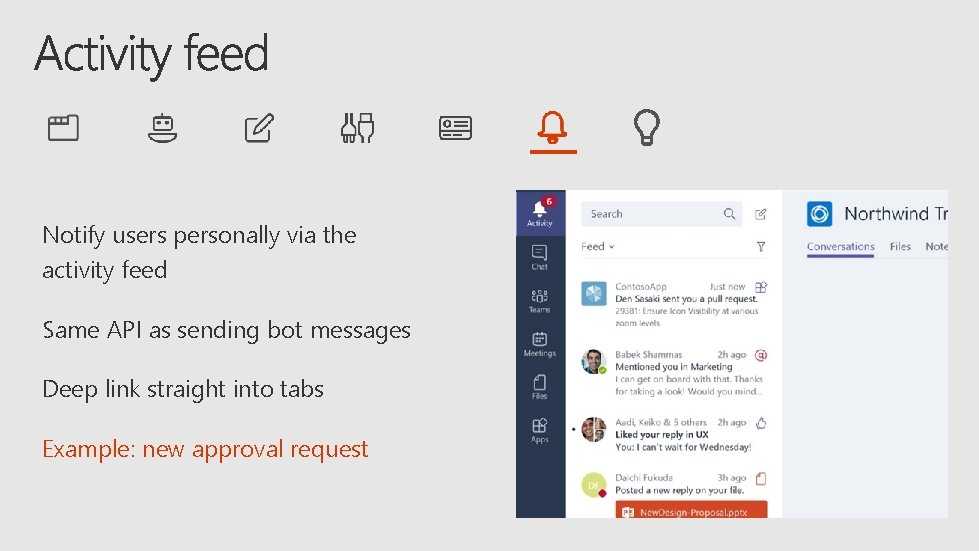 Notify users personally via the activity feed Same API as sending bot messages Deep