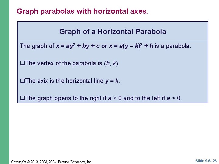 Graph parabolas with horizontal axes. Graph of a Horizontal Parabola The graph of x