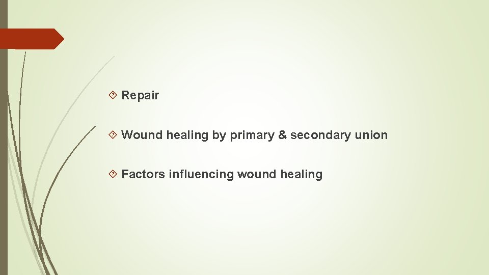  Repair Wound healing by primary & secondary union Factors influencing wound healing 