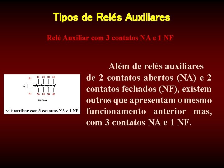 Tipos de Relés Auxiliares Relé Auxiliar com 3 contatos NA e 1 NF Além