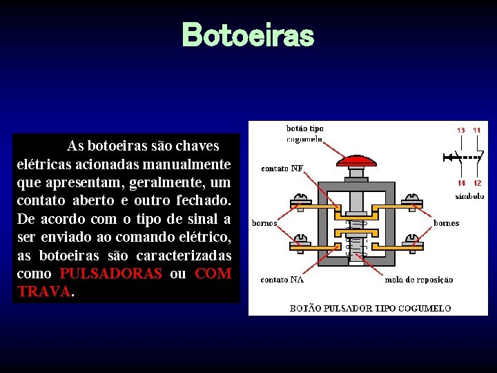 Botoeiras As botoeiras são chaves elétricas acionadas manualmente que apresentam, geralmente, um contato aberto