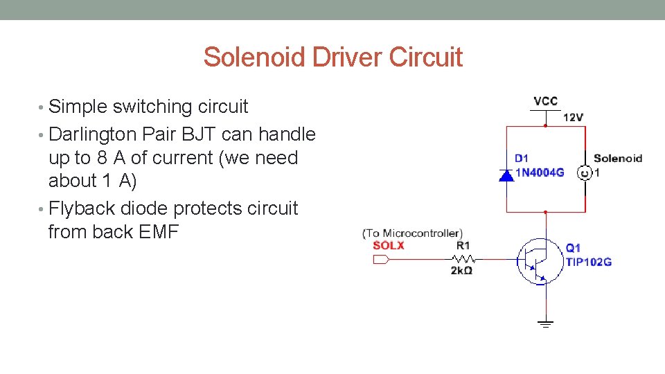 Solenoid Driver Circuit • Simple switching circuit • Darlington Pair BJT can handle up