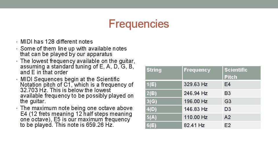 Frequencies • MIDI has 128 different notes • Some of them line up with