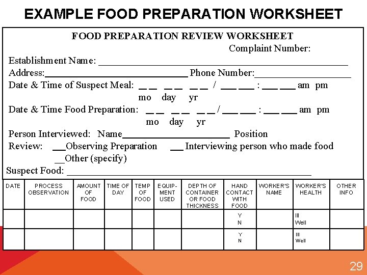 EXAMPLE FOOD PREPARATION WORKSHEET FOOD PREPARATION REVIEW WORKSHEET Complaint Number: Establishment Name: _________________________ Address: