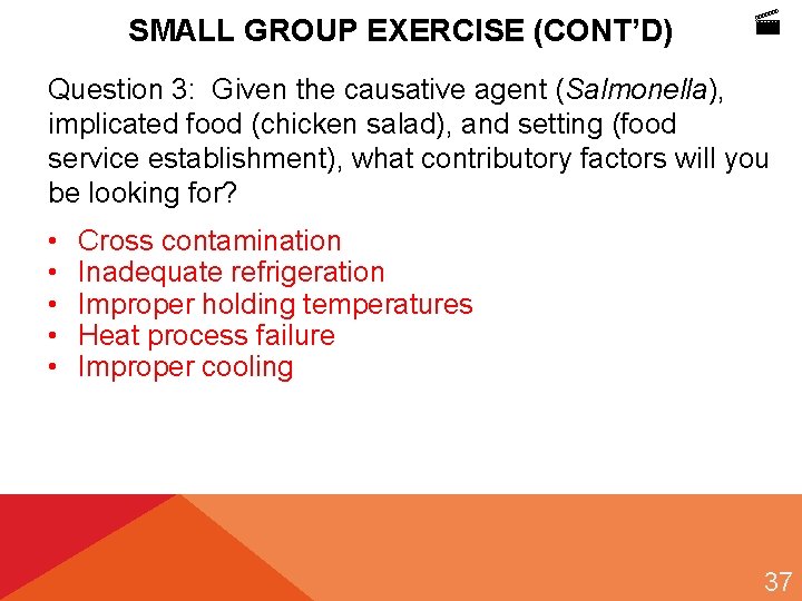 SMALL GROUP EXERCISE (CONT’D) Question 3: Given the causative agent (Salmonella), implicated food (chicken