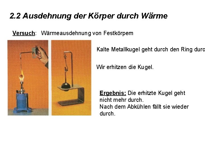 2. 2 Ausdehnung der Körper durch Wärme Versuch: Wärmeausdehnung von Festkörpern Kalte Metallkugel geht