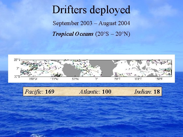 Drifters deployed September 2003 – August 2004 Tropical Oceans (20°S – 20°N) Pacific: 169