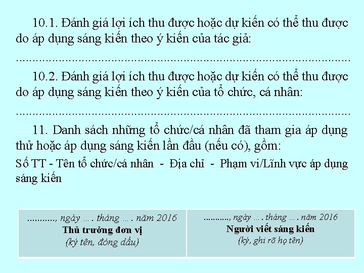 10. 1. Đánh giá lợi ích thu được hoặc dự kiến có thể thu