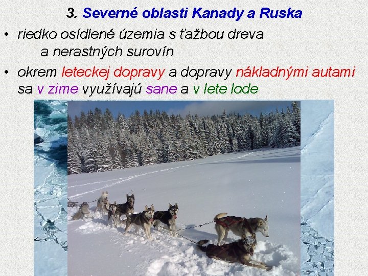 3. Severné oblasti Kanady a Ruska • riedko osídlené územia s ťažbou dreva a