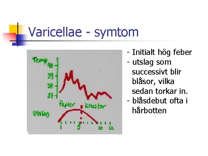 Varicellae - symtom n - Initialt hög feber - utslag som successivt blir blåsor,