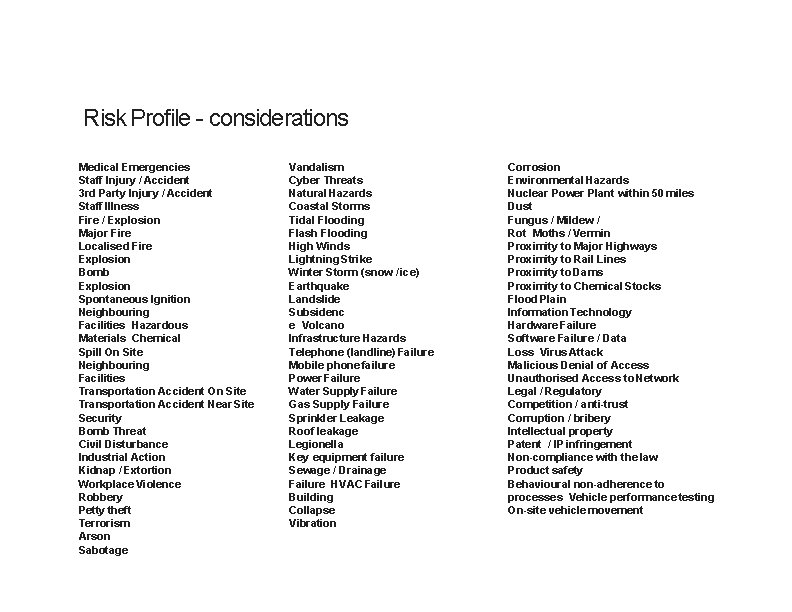 Risk Profile - considerations Medical Emergencies Staff Injury / Accident 3 rd Party Injury