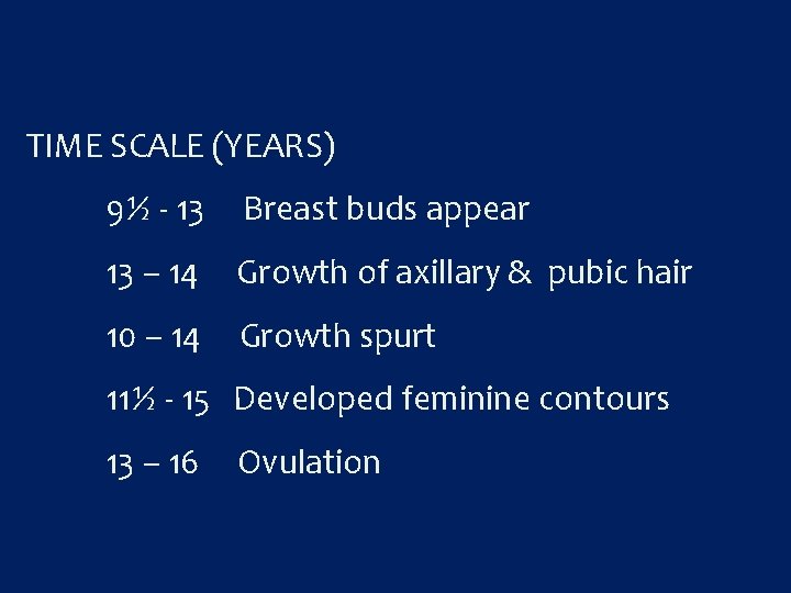 TIME SCALE (YEARS) 9½ - 13 Breast buds appear 13 – 14 Growth of
