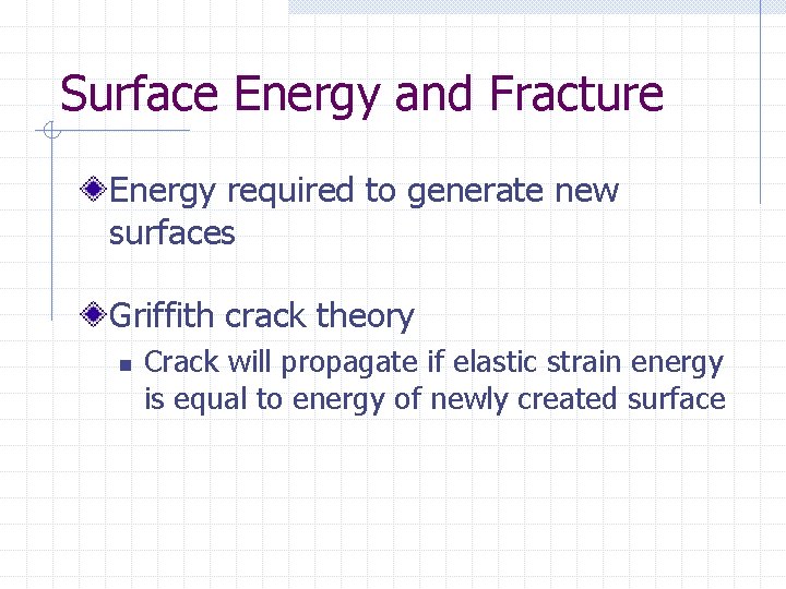 Surface Energy and Fracture Energy required to generate new surfaces Griffith crack theory n