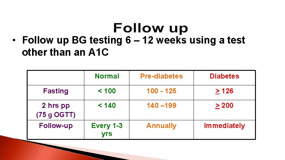  • Follow up BG testing 6 – 12 weeks using a test other