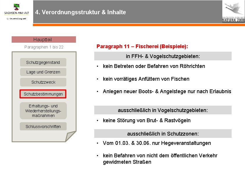 4. Verordnungsstruktur & Inhalte Hauptteil Paragraphen 1 bis 22 Paragraph 11 – Fischerei (Beispiele):