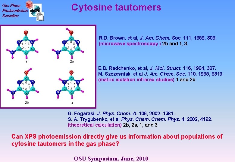 Gas Phase Photoemission Beamline Cytosine tautomers R. D. Brown, et al, J. Am. Chem.