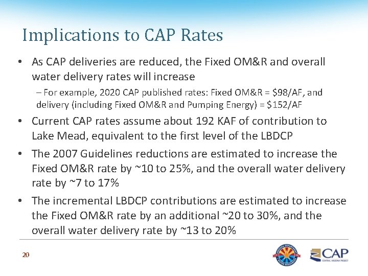 Implications to CAP Rates • As CAP deliveries are reduced, the Fixed OM&R and