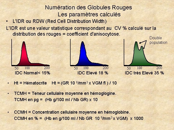 Numération des Globules Rouges Les paramètres calculés • L'IDR ou RDW (Red Cell Distribution Numération des Globules Rouges Les paramètres calculés • L'IDR ou RDW (Red Cell Distribution
