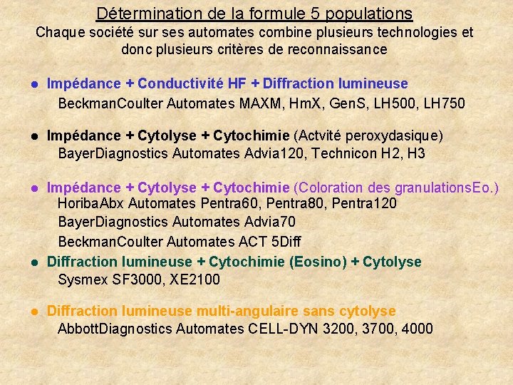 Détermination de la formule 5 populations Chaque société sur ses automates combine plusieurs technologies Détermination de la formule 5 populations Chaque société sur ses automates combine plusieurs technologies