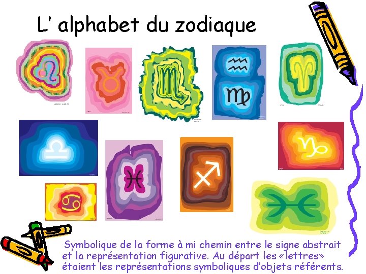 L’ alphabet du zodiaque Symbolique de la forme à mi chemin entre le signe