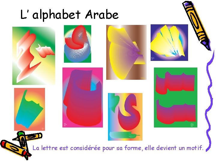 L’ alphabet Arabe La lettre est considérée pour sa forme, elle devient un motif.