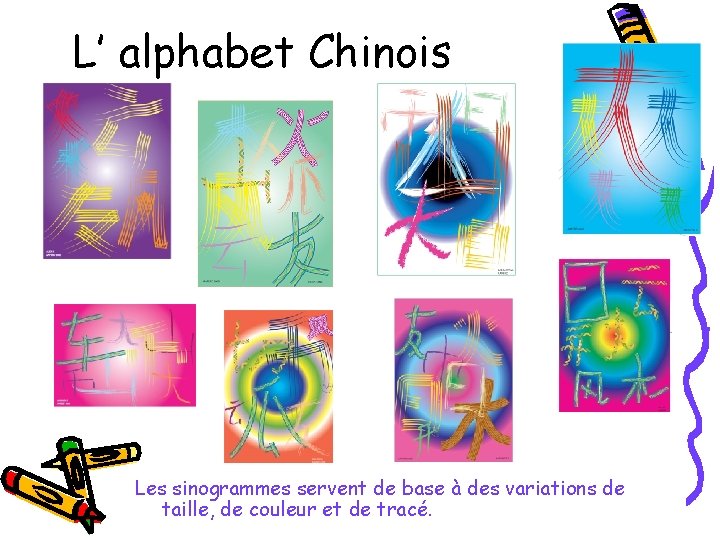 L’ alphabet Chinois Les sinogrammes servent de base à des variations de taille, de