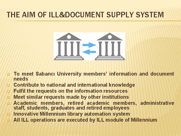 THE AIM OF ILL&DOCUMENT SUPPLY SYSTEM q q q q To meet Sabancı University THE AIM OF ILL&DOCUMENT SUPPLY SYSTEM q q q q To meet Sabancı University