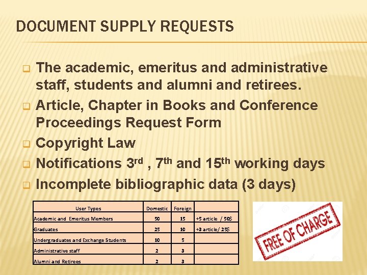 DOCUMENT SUPPLY REQUESTS q q q The academic, emeritus and administrative staff, students and DOCUMENT SUPPLY REQUESTS q q q The academic, emeritus and administrative staff, students and