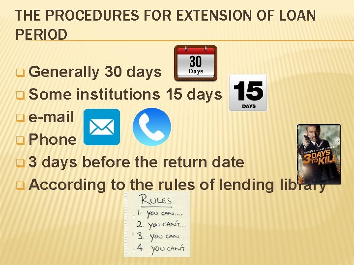 THE PROCEDURES FOR EXTENSION OF LOAN PERIOD q Generally 30 days q Some institutions THE PROCEDURES FOR EXTENSION OF LOAN PERIOD q Generally 30 days q Some institutions