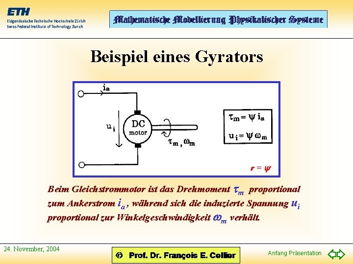 Beispiel eines Gyrators r= Beim Gleichstrommotor ist das Drehmoment tm proportional zum Ankerstrom ia