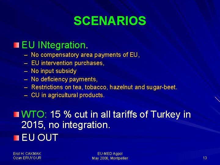 SCENARIOS EU INtegration. – – – No compensatory area payments of EU, EU intervention
