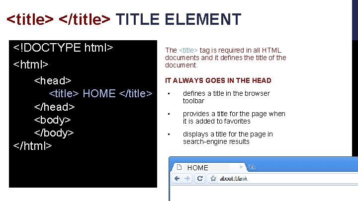 <title> </title> TITLE ELEMENT <!DOCTYPE html> <head> <title> HOME </title> </head> <body> </html> The