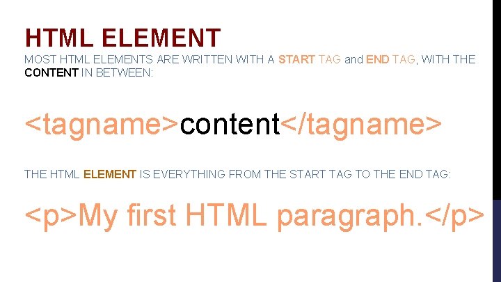 HTML ELEMENT MOST HTML ELEMENTS ARE WRITTEN WITH A START TAG and END TAG,