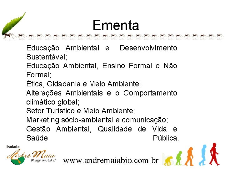 Ementa Educação Ambiental e Desenvolvimento Sustentável; Educação Ambiental, Ensino Formal e Não Formal; Ética,