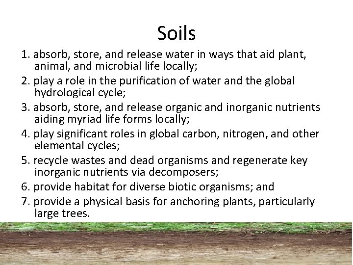 Soils 1. absorb, store, and release water in ways that aid plant, animal, and