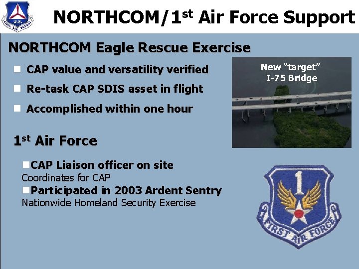 NORTHCOM/1 st Air Force Support NORTHCOM Eagle Rescue Exercise n CAP value and versatility