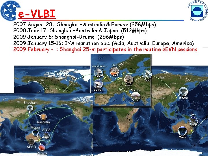 e-VLBI 2007 August 28: Shanghai –Australia & Europe (256 Mbps) 2008 June 17: Shanghai