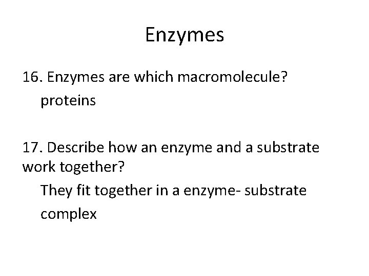 Enzymes 16. Enzymes are which macromolecule? proteins 17. Describe how an enzyme and a