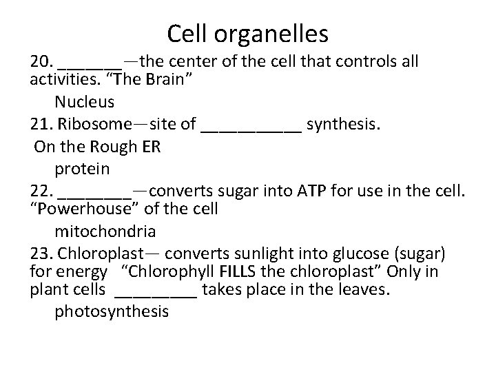 Cell organelles 20. _______—the center of the cell that controls all activities. “The Brain”