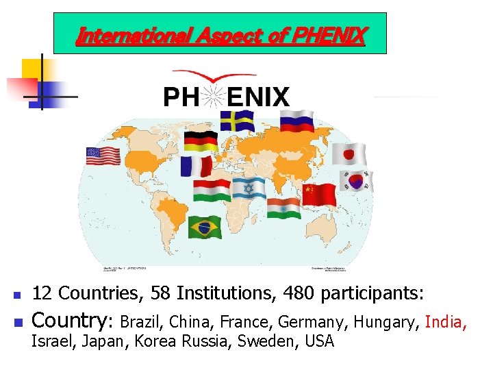 International Aspect of PHENIX n n 12 Countries, 58 Institutions, 480 participants: Country: Brazil,