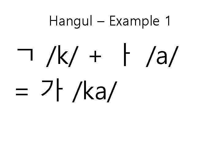 Hangul – Example 1 ㄱ /k/ + ㅏ /a/ = 가 /ka/ 